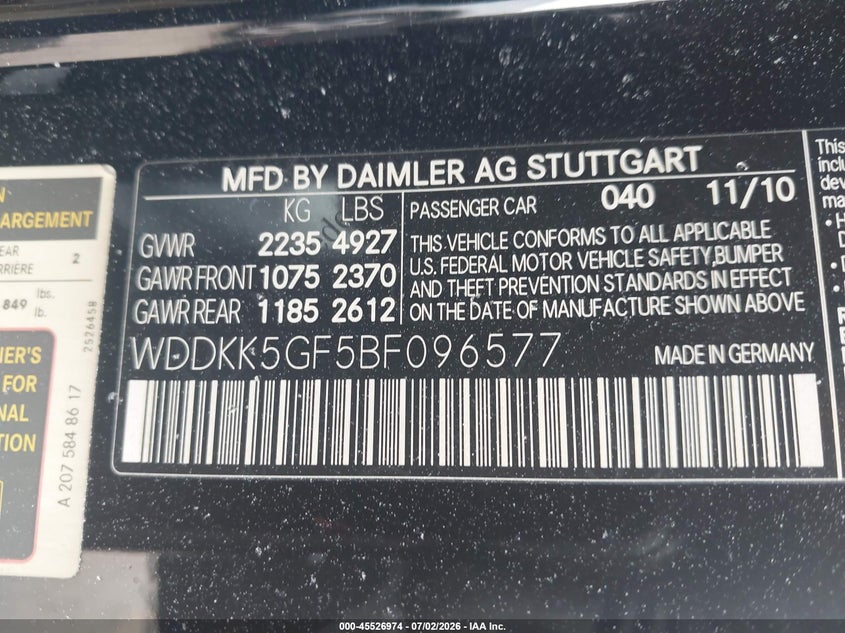 2011 Mercedes-benz E-class VIN WDDKK5GF5BF096577 IAAI salvage auction — FRONT END, Salvage (Texas), sold $975 on 2026-08-19 (photo 9)