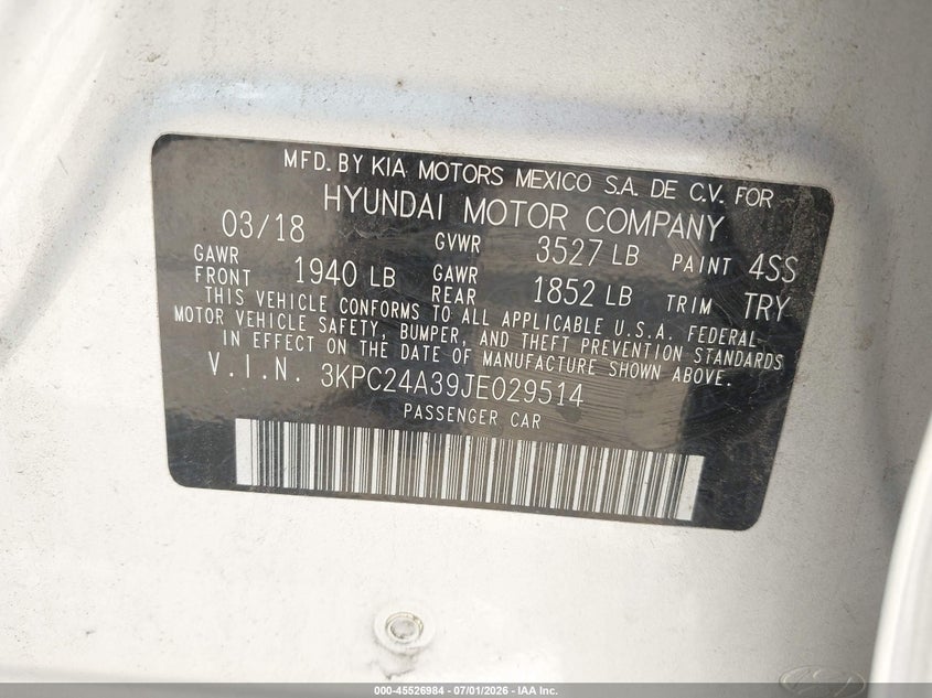 2018 Hyundai Accent VIN 3KPC24A39JE029514 IAAI salvage auction — FRONT END, Salvage Title, sold $825 on 2026-07-18 (photo 9)