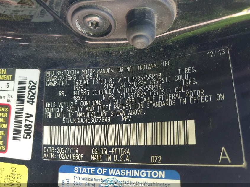 2014 Toyota Sienna VIN 5TDJK3DC4ES077849 IAAI salvage auction — SIDE, Bill Of Sale (Washington), sold $1,700 on 2026-08-01 (photo 9)