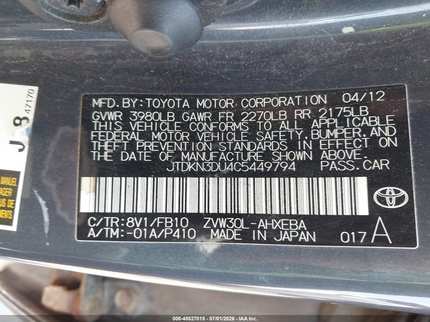 2012 Toyota Prius VIN JTDKN3DU4C5449794 IAAI salvage auction — NORMAL WEAR, Original (Maine), sold $1,100 on 2026-07-27 (photo 9)
