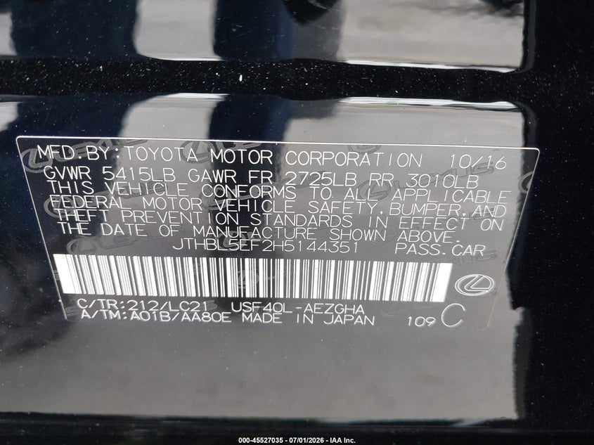 2017 Lexus Ls VIN JTHBL5EF2H5144351 IAAI salvage auction — RIGHT FRONT, Wait Title, sold $15,650 on 2026-09-30 (photo 9)