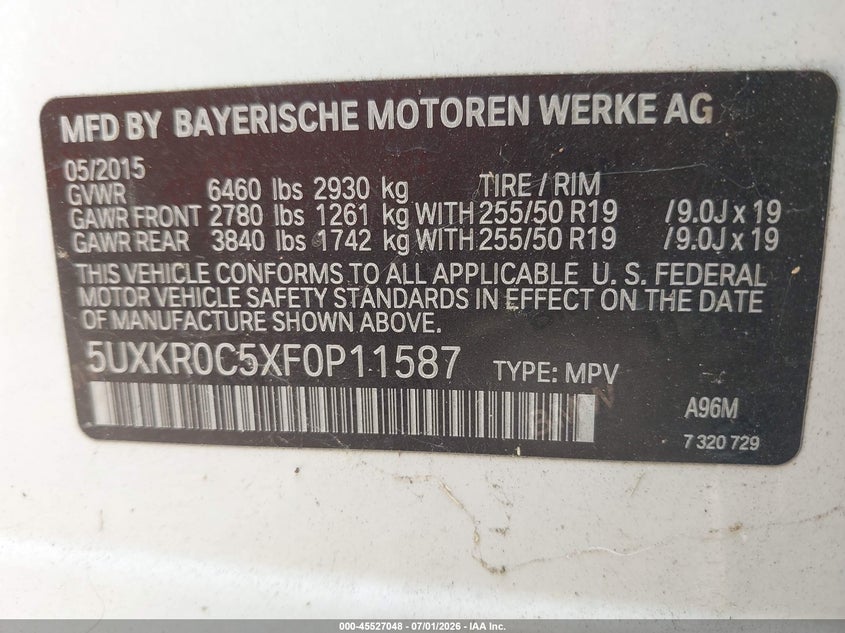 2015 BMW X5 VIN 5UXKR0C5XF0P11587 IAAI salvage auction — NORMAL WEAR, Clear (Alabama), sold $6,650 on 2026-07-08 (photo 9)