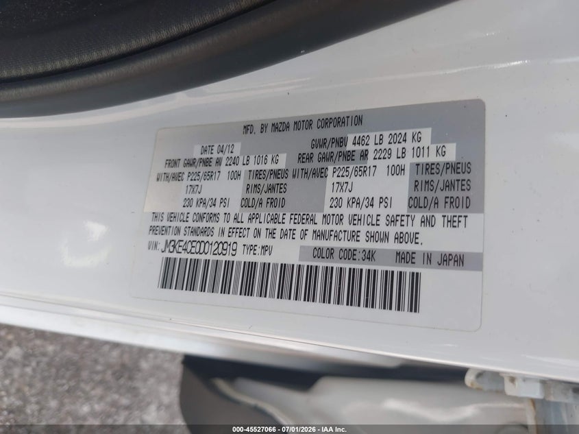 2013 Mazda Cx-5 VIN JM3KE4CE0D0120919 IAAI salvage auction — SIDE, Salvage (Ohio), sold $1,850 on 2026-07-28 (photo 9)