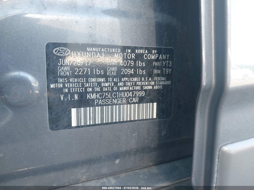 2017 Hyundai Ioniq VIN KMHC75LC1HU047999 IAAI salvage auction — FRONT END, Salvage Title, sold $250 on 2026-07-30 (photo 9)