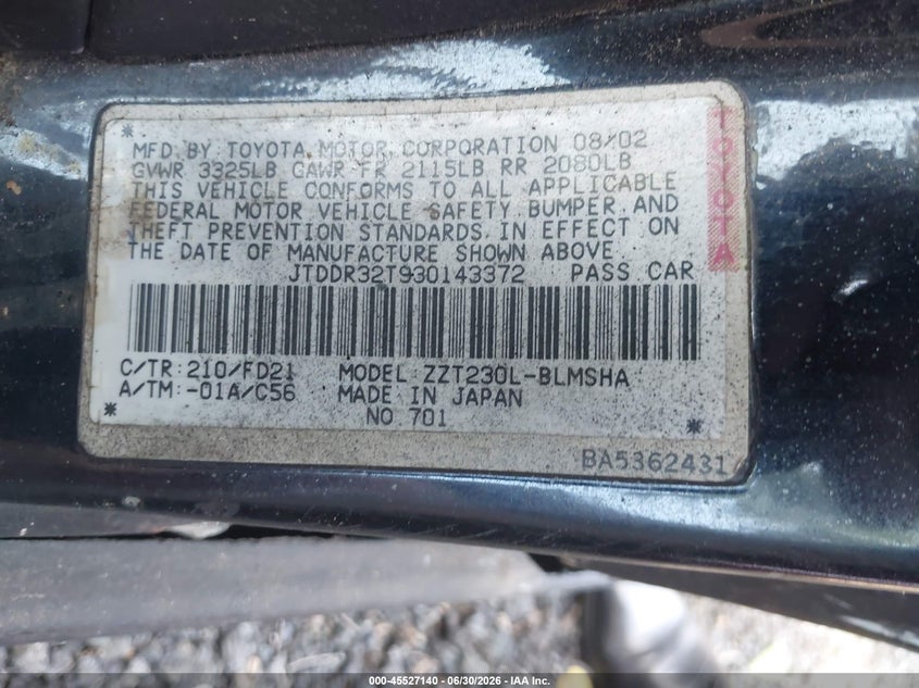 2003 Toyota Celica VIN JTDDR32T930143372 IAAI salvage auction — FRONT END, Clear (Virginia), sold $300 on 2026-07-30 (photo 9)
