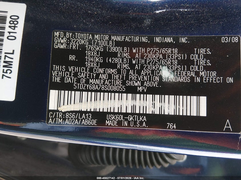 2008 Toyota Sequoia VIN 5TDZY68A78S008055 IAAI salvage auction — FRONT END, Salvage (California), sold $9,600 on 2026-08-18 (photo 9)
