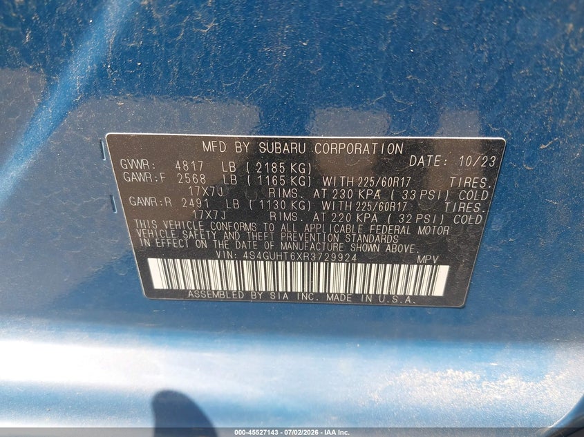 2024 Subaru Xv VIN 4S4GUHT6XR3729924 IAAI salvage auction — HAIL, Salvage (Ohio), sold $7,000 on 2026-07-21 (photo 9)