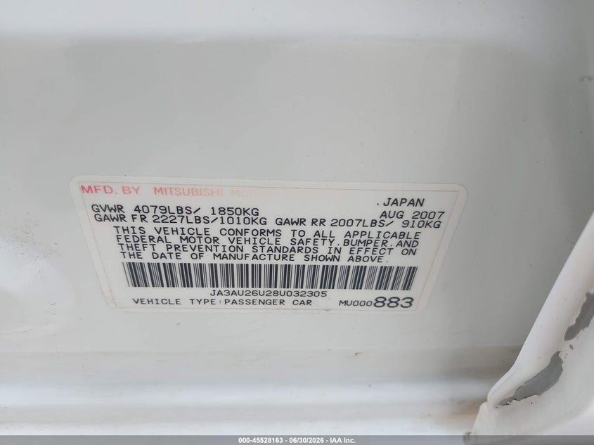 2008 Mitsubishi Lancer VIN JA3AU26U28U032305 IAAI salvage auction — NORMAL WEAR, Clear - Dealer Only (California), sold $250 on 2026-07-08 (photo 9)