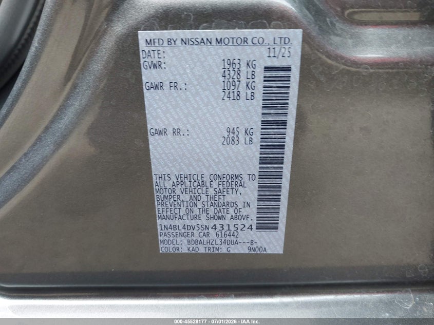 2025 Nissan Altima VIN 1N4BL4DV5SN431524 IAAI salvage auction — SIDE, Clear (California), sold $10,600 on 2026-07-09 (photo 9)