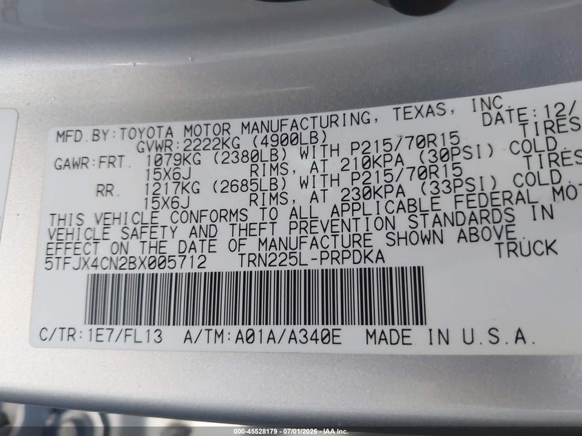 2011 Toyota Tacoma VIN 5TFJX4CN2BX005712 IAAI salvage auction — SIDE, Salvage (Arizona), sold $4,150 on 2026-07-28 (photo 9)
