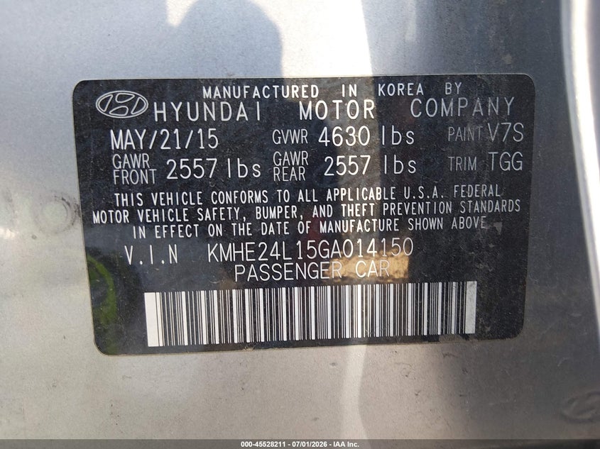 2016 Hyundai Sonata VIN KMHE24L15GA014150 IAAI salvage auction — NORMAL WEAR, Clear-Dealer Only (Arizona), sold $1,450 on 2026-07-28 (photo 9)