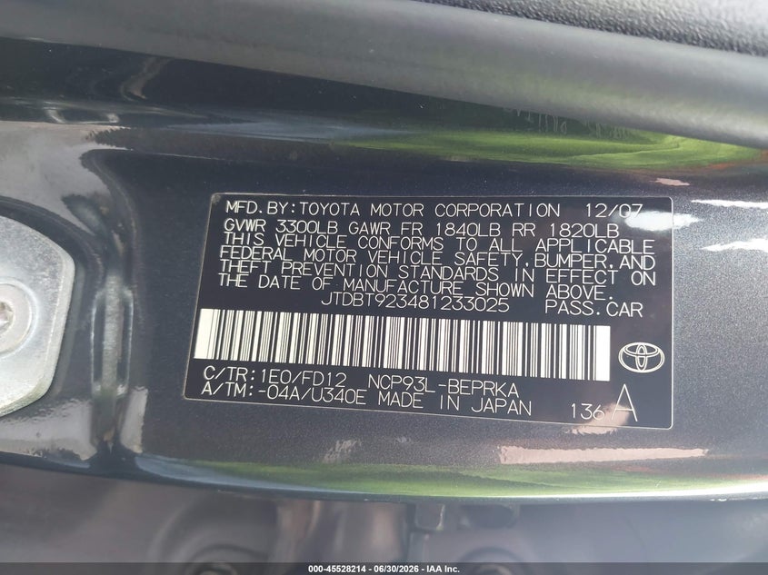 2008 Toyota Yaris VIN JTDBT923481233025 IAAI salvage auction — REAR END, Clear - Dealer Only (California), sold $1,125 on 2026-07-22 (photo 9)
