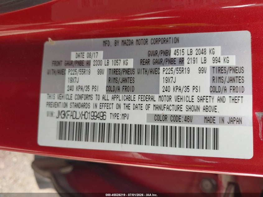 2017 Mazda Cx-5 VIN JM3KFADLXH0199496 IAAI salvage auction — FRONT END, Salvage (Texas), sold $2,650 on 2026-07-31 (photo 9)