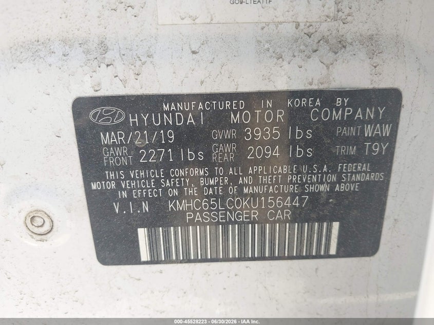 2019 Hyundai Ioniq hybrid VIN KMHC65LC0KU156447 IAAI salvage auction — NORMAL WEAR, SF97 (Rhode Island), sold $9,475 on 2026-07-23 (photo 9)