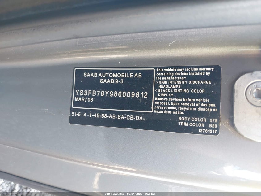 2008 Saab 9-3 VIN YS3FB79Y986009612 IAAI salvage auction — NORMAL WEAR, Clear (South Carolina), sold $400 on 2026-07-28 (photo 9)