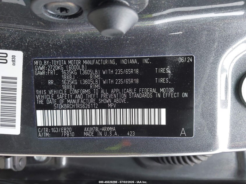2024 Toyota Highlander VIN 5TDKBRCH1RS626112 IAAI salvage auction — REAR END, Bill Of Sale (Washington), sold $15,200 on 2026-07-29 (photo 9)