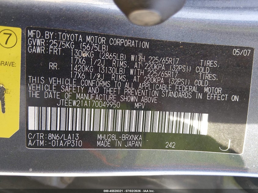 2007 Toyota Highlander hybrid VIN JTEEW21A170049950 IAAI salvage auction — NORMAL WEAR, Clear (Georgia), sold $975 on 2026-07-09 (photo 9)