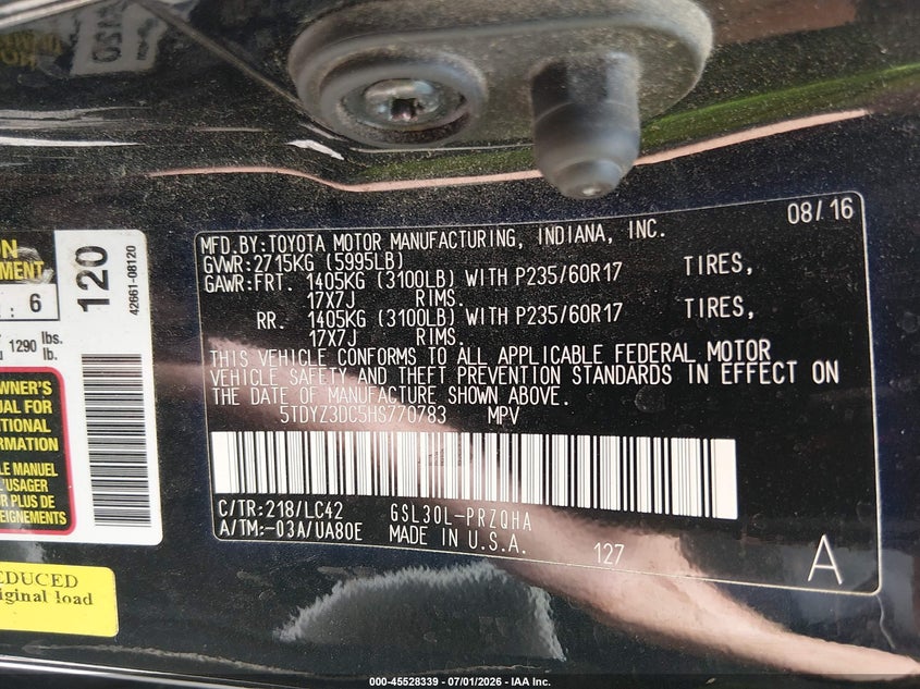 2017 Toyota Sienna VIN 5TDYZ3DC5HS770783 IAAI salvage auction — NORMAL WEAR, Clear (Arkansas), sold $2,425 on 2026-07-23 (photo 9)