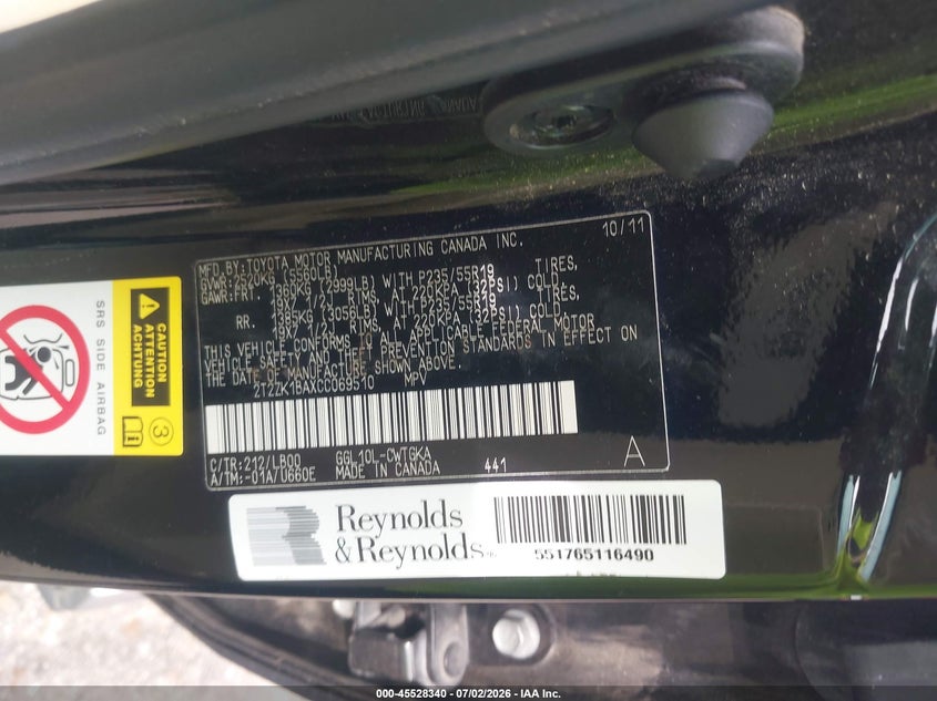 2012 Lexus Rx VIN 2T2ZK1BAXCC069510 IAAI salvage auction — RIGHT FRONT, Original (Texas), sold $4,350 on 2026-07-30 (photo 9)
