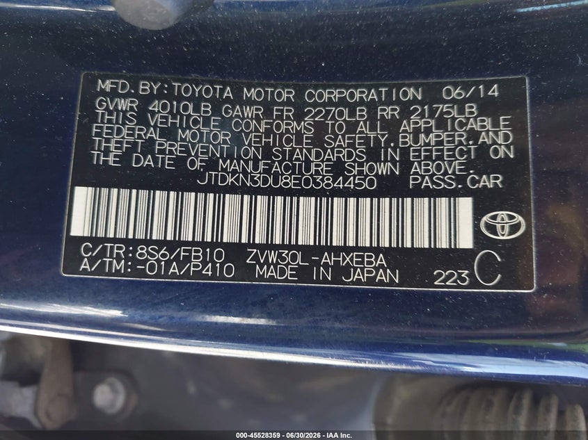 2014 Toyota Prius VIN JTDKN3DU8E0384450 IAAI salvage auction — REAR END, Salvage Title, sold $1,200 on 2026-07-29 (photo 9)