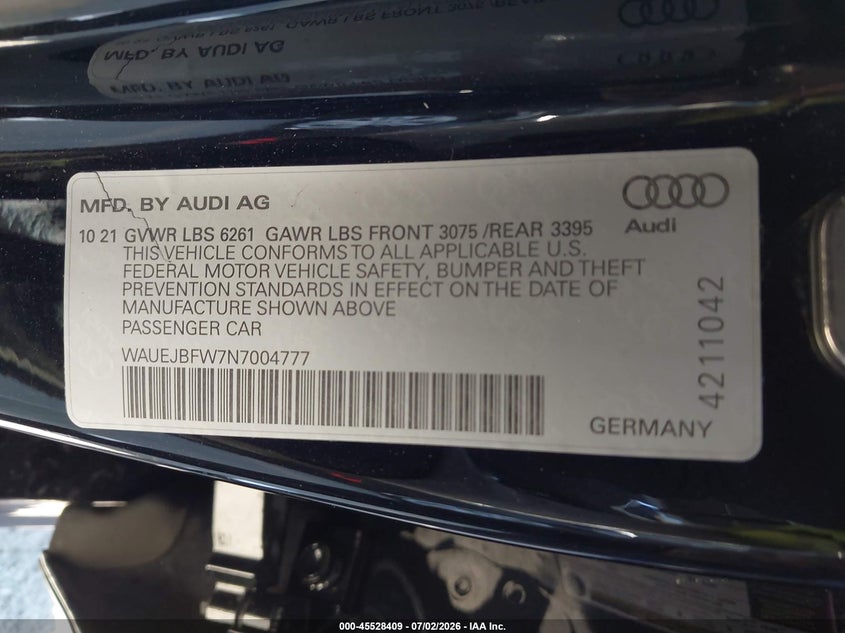 2022 Audi E-tron gt VIN WAUEJBFW7N7004777 IAAI salvage auction — FRONT END, Salvage Title, sold $15,150 on 2026-08-17 (photo 9)