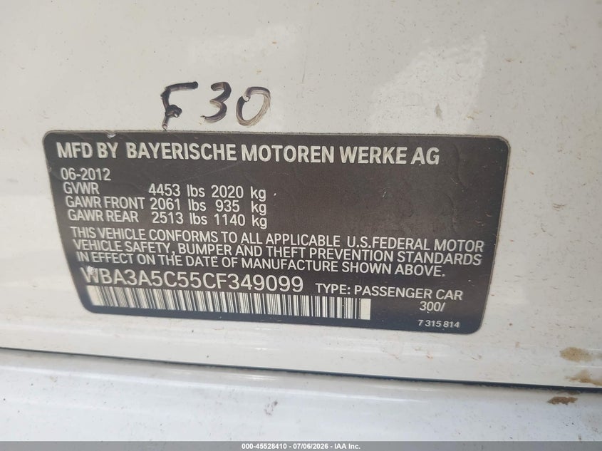2012 BMW 3er VIN WBA3A5C55CF349099 IAAI salvage auction — RIGHT SIDE, Salvage (Georgia), sold $575 on 2026-08-13 (photo 9)