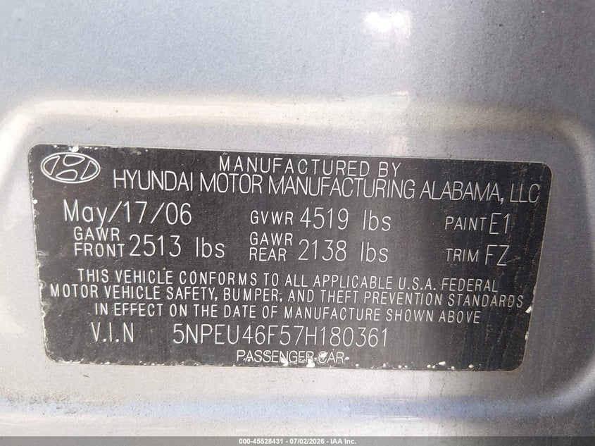2007 Hyundai Sonata VIN 5NPEU46F57H180361 IAAI salvage auction — FRONT END, Salvage (Connecticut), sold $475 on 2026-07-23 (photo 9)