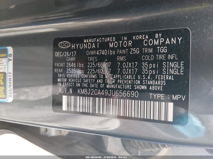 2018 Hyundai Tucson VIN KM8J2CA49JU656690 IAAI salvage auction — NORMAL WEAR, SF97 (Maryland), sold $25 on 2026-07-21 (photo 9)