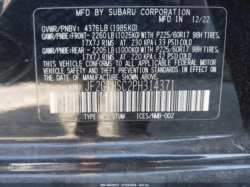 2023 Subaru Xv VIN JF2GTHSC2PH314371 IAAI salvage auction — FRONT END, Salvage (New Jersey), sold $3,650 on 2026-08-02 (photo 9)