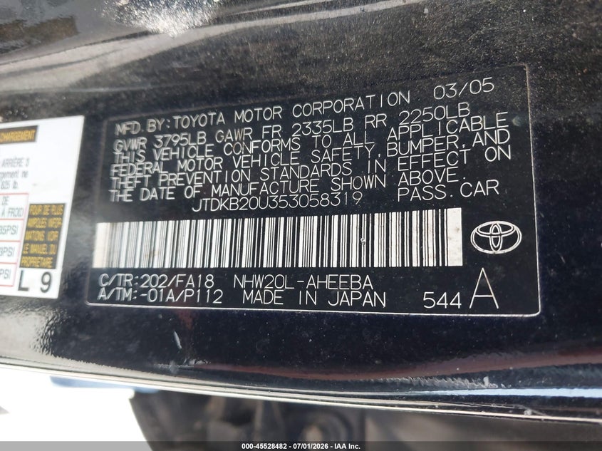 2005 Toyota Prius VIN JTDKB20U353058319 IAAI salvage auction — NORMAL WEAR, Clear (Virginia), sold $275 on 2026-07-14 (photo 9)