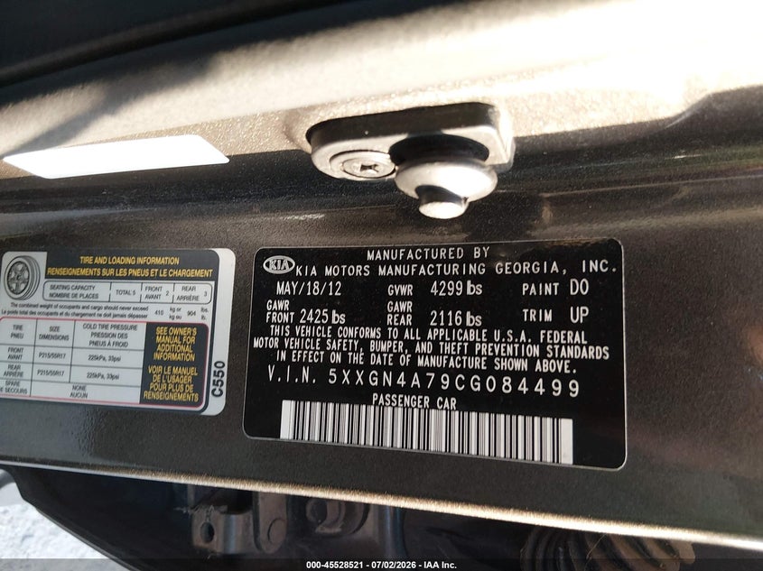 2012 Kia Optima VIN 5XXGN4A79CG084499 IAAI salvage auction — FRONT END, Salvage (Texas), sold $675 on 2026-07-28 (photo 9)