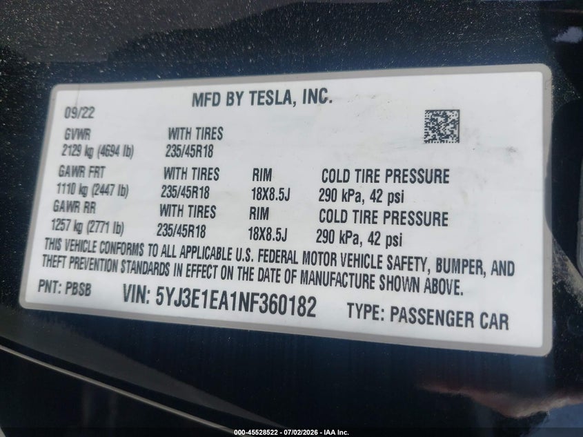 2022 Tesla Model 3 VIN 5YJ3E1EA1NF360182 IAAI salvage auction — SIDE, Salvage (California), sold $5,900 on 2026-07-10 (photo 9)