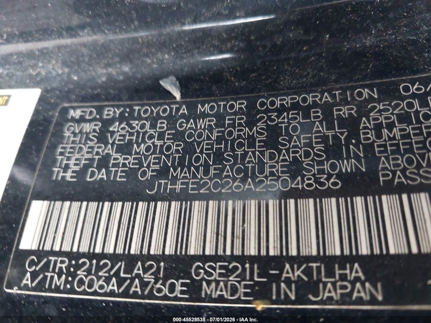 2010 Lexus Is 350c VIN JTHFE2C26A2504836 IAAI salvage auction — NORMAL WEAR, Clear (Florida), sold $300 on 2026-07-28 (photo 9)