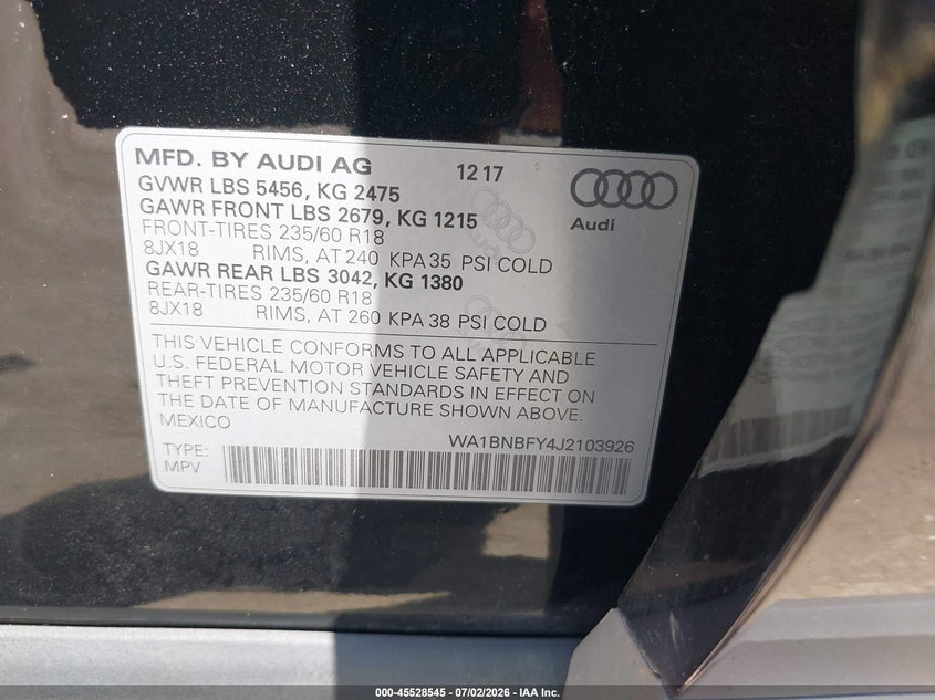 2018 Audi Q5 VIN WA1BNBFY4J2103926 IAAI salvage auction — LEFT FRONT, Salvage (Virginia), sold $6,000 on 2026-07-28 (photo 9)