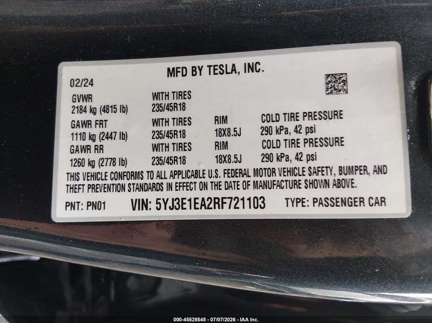 2024 Tesla Model 3 VIN 5YJ3E1EA2RF721103 IAAI salvage auction — SIDE, Wait Title, sold $11,800 on 2026-09-01 (photo 9)