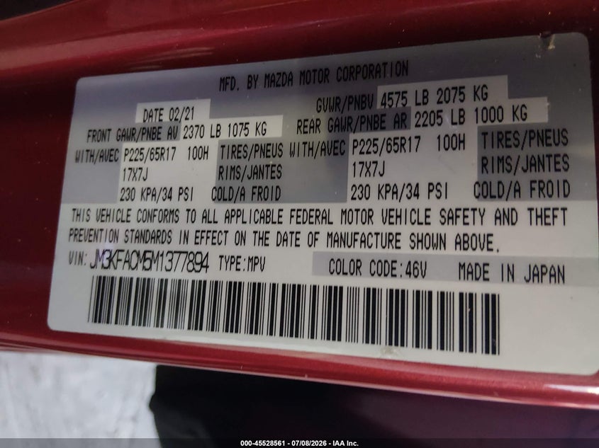 2021 Mazda Cx-5 VIN JM3KFACM5M1377894 IAAI salvage auction — RIGHT FRONT, Salvage Title, sold $3,250 on 2026-08-03 (photo 9)