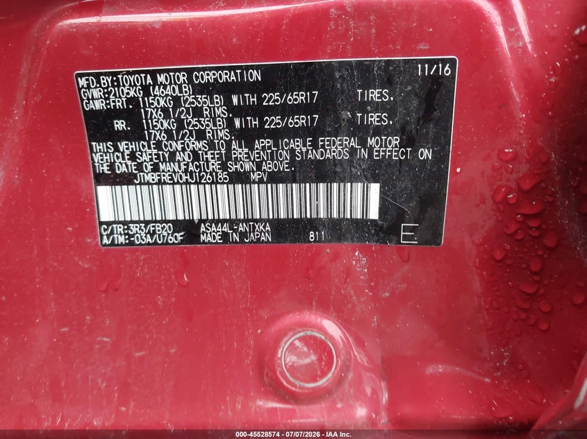 2017 Toyota Rav 4 VIN JTMBFREV0HJ126185 IAAI salvage auction — LEFT SIDE, Salvage (Massachusetts), sold $5,975 on 2026-07-31 (photo 9)