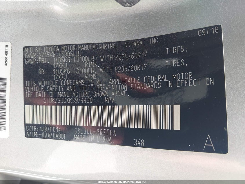 2019 Toyota Sienna VIN 5TDKZ3DCXKS974430 IAAI salvage auction — FRONT END, Salvage Title, sold $10,000 on 2026-07-15 (photo 9)
