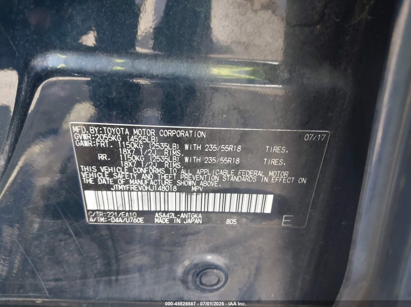 2017 Toyota Rav 4 VIN JTMYFREV0HJ148018 IAAI salvage auction — REAR END, Salvage (North Carolina), sold $6,500 on 2026-07-30 (photo 9)