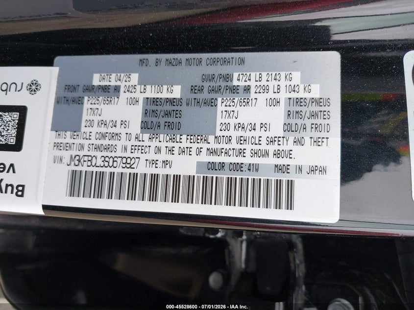 2025 Mazda Cx-5 VIN JM3KFBCL3S0679927 IAAI salvage auction — FRONT END, Clear (Washington), sold $9,900 on 2026-07-09 (photo 9)