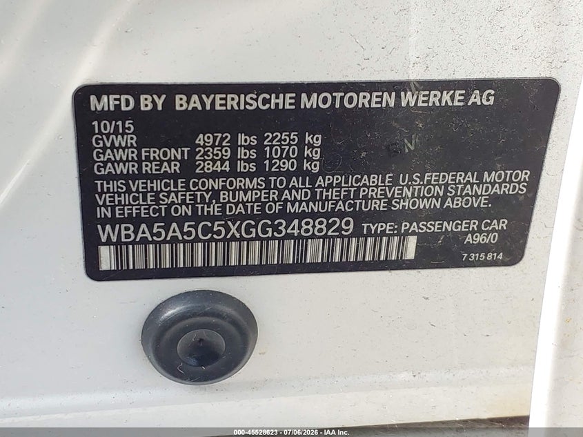 2016 BMW 5er VIN WBA5A5C5XGG348829 IAAI salvage auction — NORMAL WEAR, Clear (Louisiana), sold $225 on 2026-07-28 (photo 9)