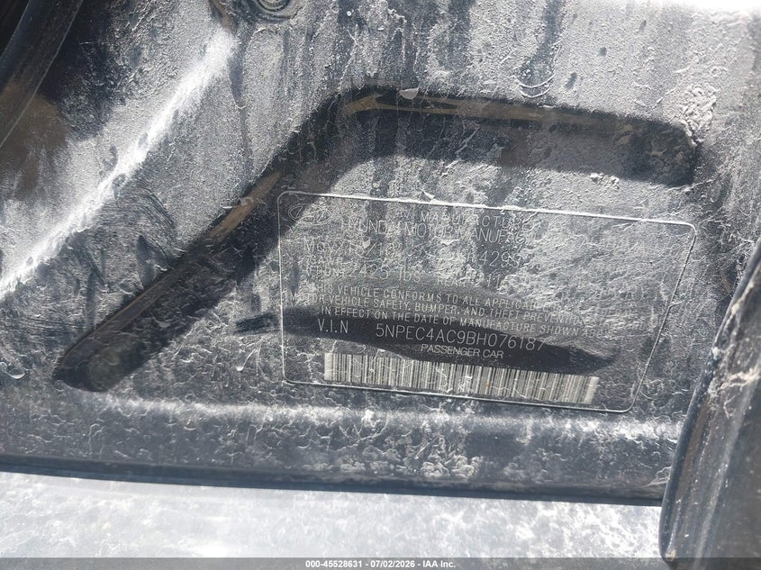2011 Hyundai Sonata VIN 5NPEC4AC9BH076187 IAAI salvage auction — NORMAL WEAR, Clear-Endorsement (Wisconsin), sold $325 on 2026-07-28 (photo 9)