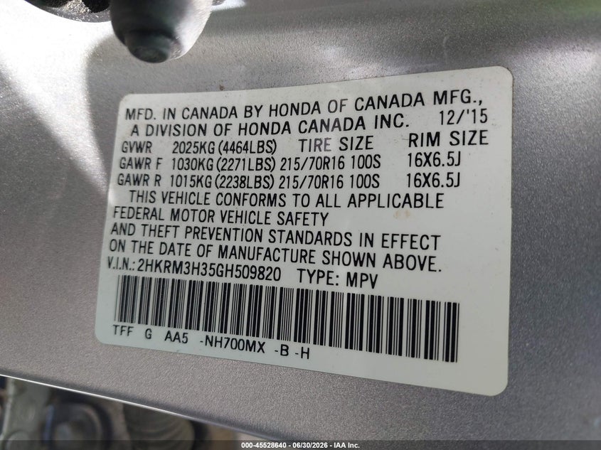 2016 Honda Cr-v VIN 2HKRM3H35GH509820 IAAI salvage auction — NORMAL WEAR, Clear - Dealer Only (California), sold $4,450 on 2026-07-09 (photo 9)