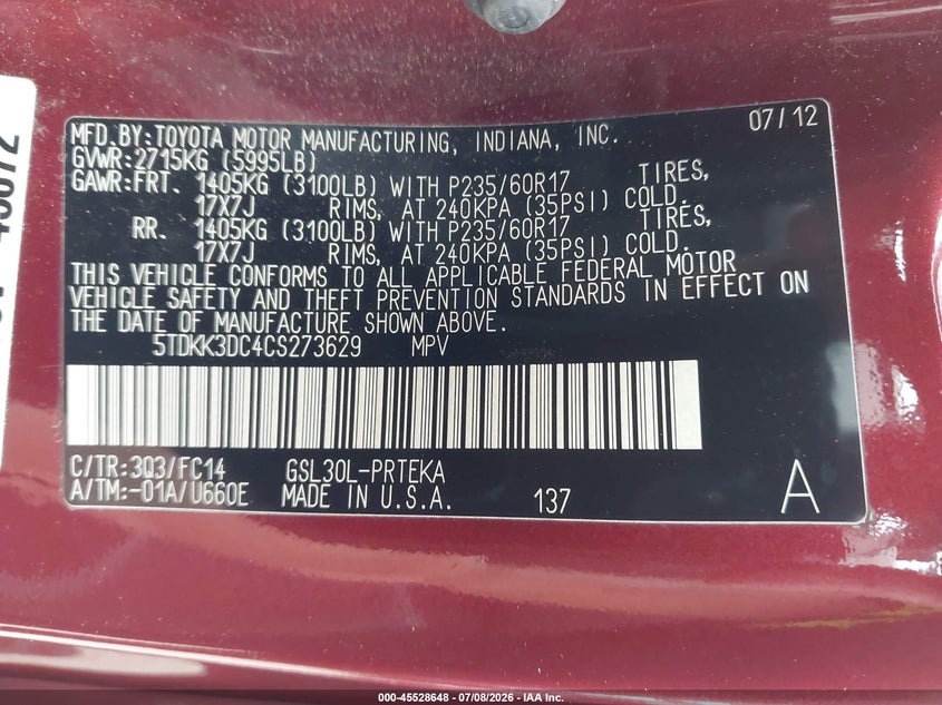 2012 Toyota Sienna VIN 5TDKK3DC4CS273629 IAAI salvage auction — REAR END, Bill Of Sale (Washington), sold $1,700 on 2026-07-22 (photo 9)