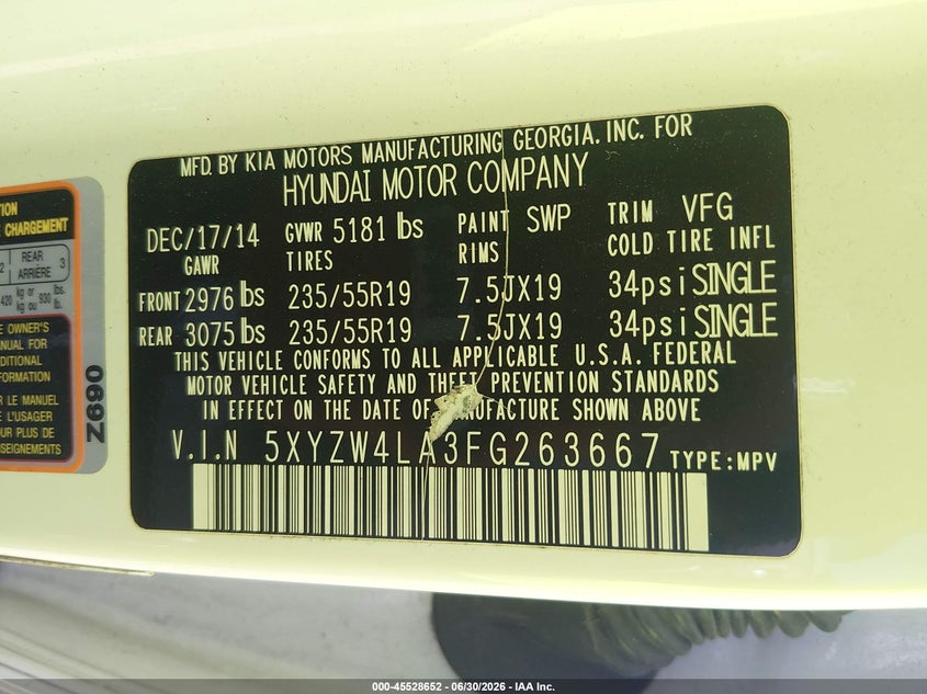 2015 Hyundai Santa fe VIN 5XYZW4LA3FG263667 IAAI salvage auction — NORMAL WEAR, Clear (Alabama), sold $650 on 2026-07-16 (photo 9)