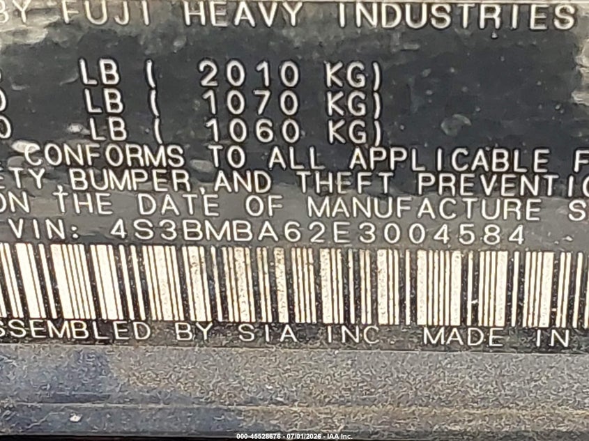 2014 Subaru LEGACY VIN 4S3BMBA62E3004584 IAAI salvage auction — FRONT & REAR, Clear (Virginia), sold $300 on 2026-07-22 (photo 9)