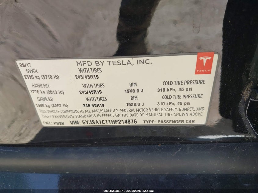 2017 Tesla Model s VIN 5YJSA1E11HF214876 IAAI salvage auction — LEFT FRONT, Original (Texas), sold $8,900 on 2026-07-13 (photo 9)