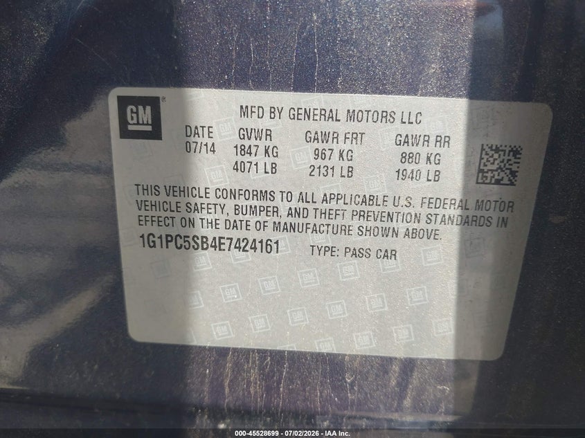 2014 Chevrolet Cruze VIN 1G1PC5SB4E7424161 IAAI salvage auction — FRONT END, Clear (Massachusetts), sold $500 on 2026-07-09 (photo 9)