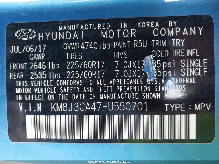 2017 Hyundai Tucson VIN KM8J3CA47HU550701 IAAI salvage auction — FRONT END, Clear (Michigan), sold $875 on 2026-07-27 (photo 9)