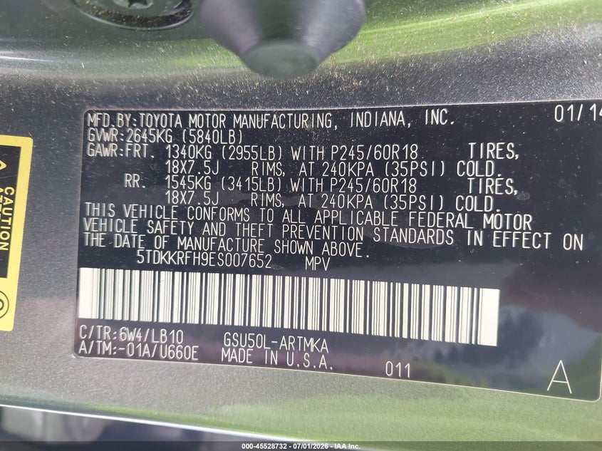 2014 Toyota Highlander VIN 5TDKKRFH9ES007652 IAAI salvage auction — FRONT END, Rebuildable (Florida), sold $4,000 on 2026-07-11 (photo 9)